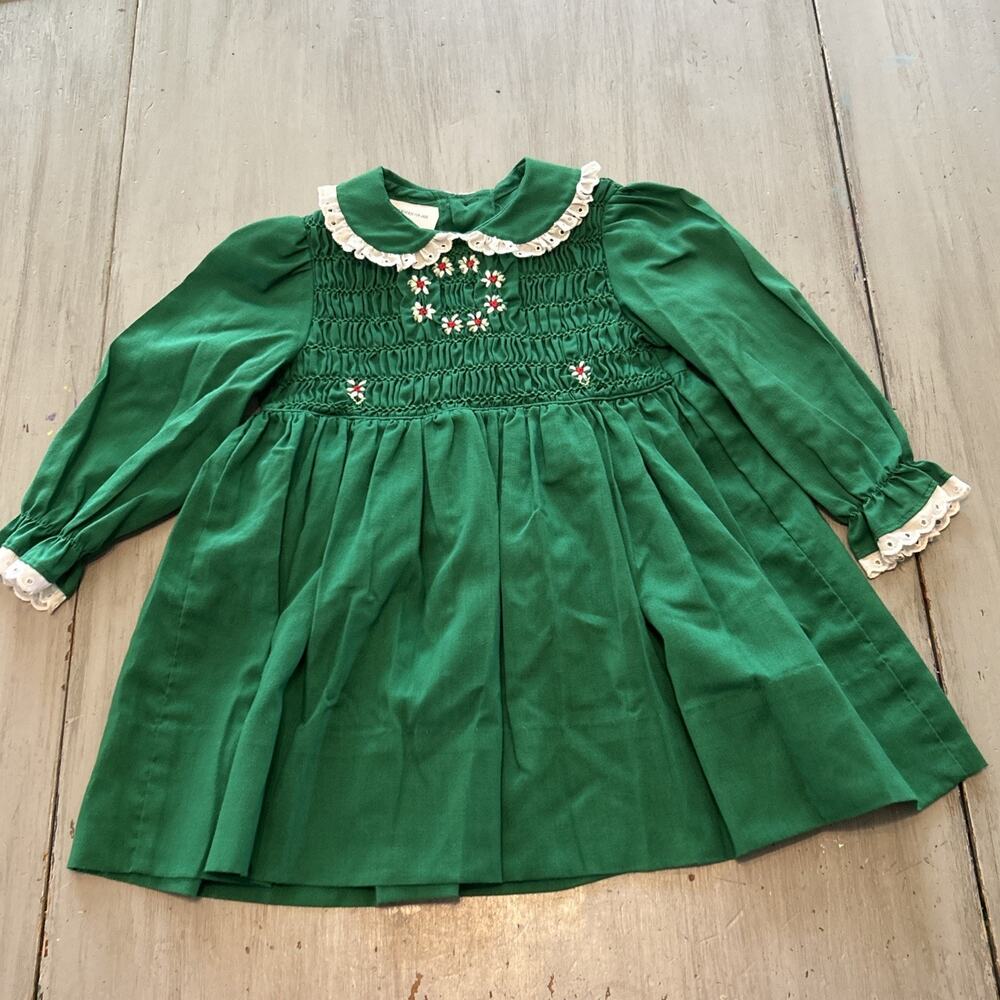 Polly Flinders Green Smocked Floral Dress Sz 3T Lace Cottage Holiday 90s
